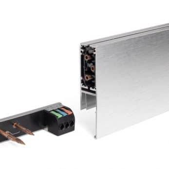 Trilho de Energia Dutotec XP - detalhe da ligação elétrica, tampa terminal cor cinza